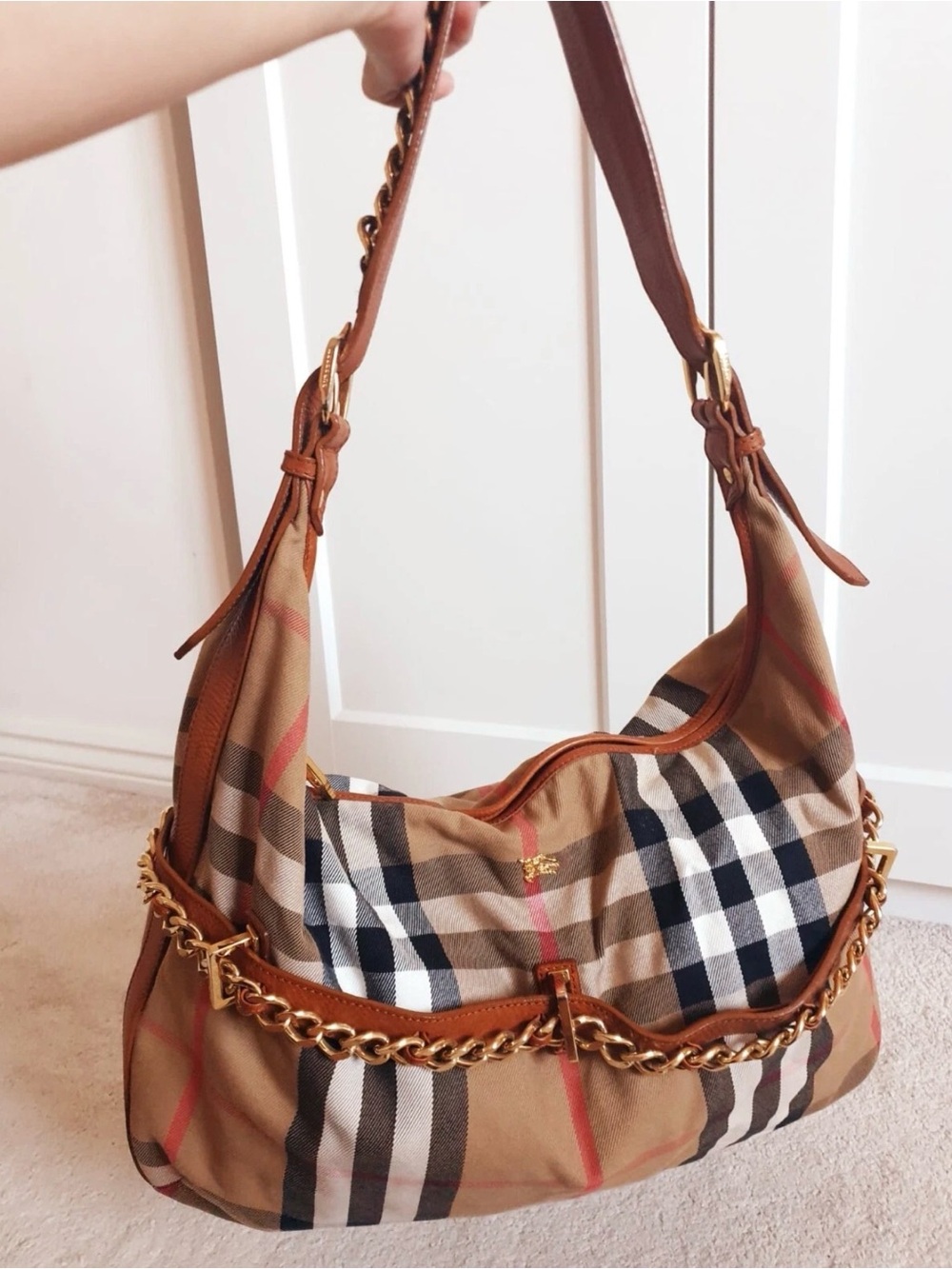 Burberry Tan Plaid Shoulder Bag with Gold Chain Accent hobo Haymarket